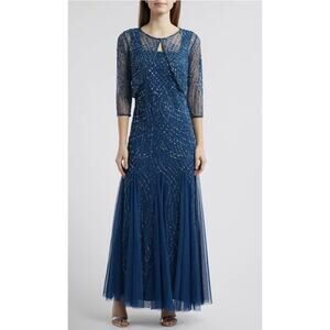Pisarro Nights Beaded Gown with Long Sleeve Jacket Petrol Blue Sz 10 NWT $268
